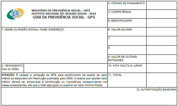 Modelo de guia da previdência social para contribuição para o INSS para autônomos e INSS para MEIs.