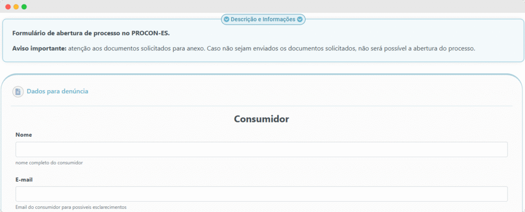 Captura de tela da funcionalidade "registrar um denúncia" onde você pode fazer uma reclamação no Procon ES.