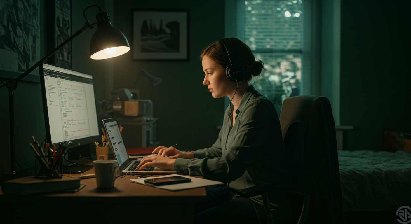 Mulher em seu quarto trabalhando de home office.
