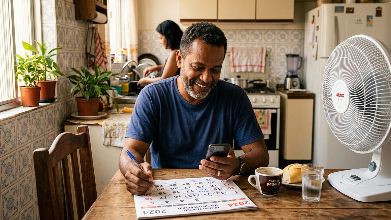 Homem sorridente consulta calendário e celular à mesa, ilustrando o planejamento do 13º salário e alívio financeiro.