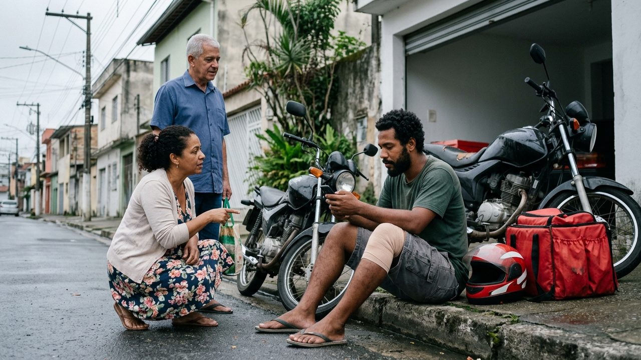 Entregador ferido na calçada com moto e bag conversa com pessoas. Direitos ao auxílio do INSS após acidente.