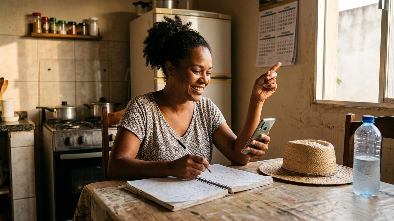 Mulher planeja dias de descanso e cálculos financeiros, simbolizando o período de férias do trabalhador.
