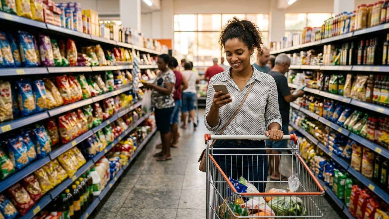 Mulher sorri ao olhar o celular no supermercado, ilustrando a facilidade do desconto automático da pensão alimentícia.