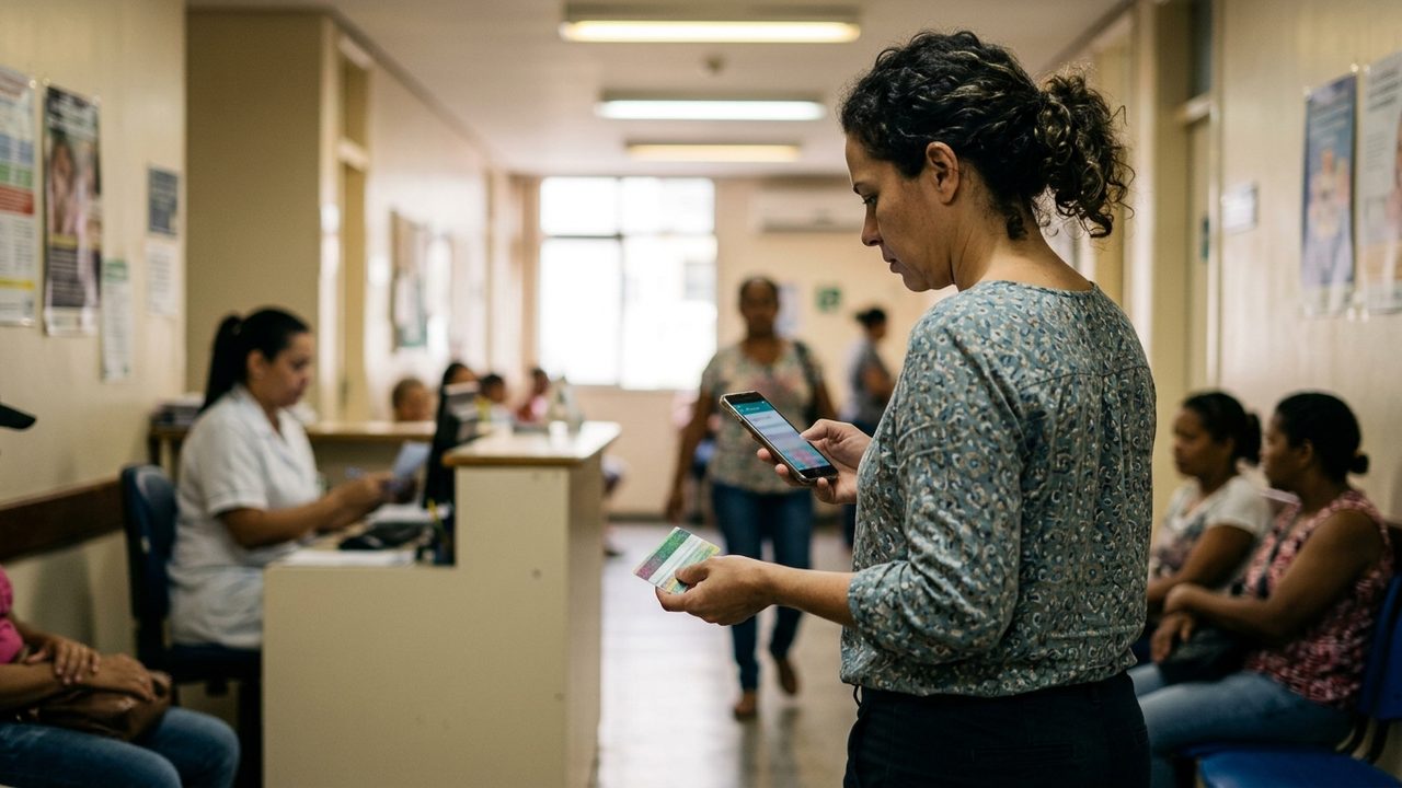 Mulher em recepção médica olha celular e cartão, ilustrando situação de plano de saúde cancelado por falta de pagamento.