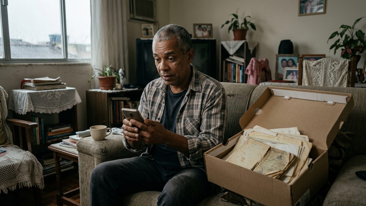 Homem no sofá olha celular ao lado de documentos antigos, consultando valores a receber e dinheiro esquecido no CPF.