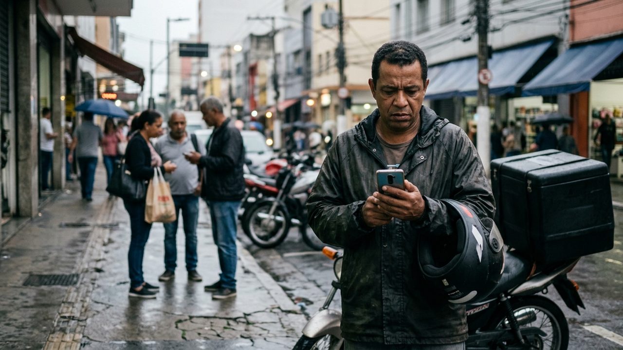 Entregador olha celular preocupado na rua, ilustrando o bloqueio de conta em aplicativo e o direito a indenização.
