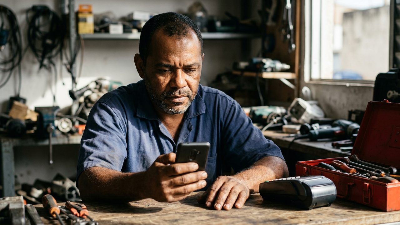 Trabalhador em oficina olha celular com máquina de cartão, ilustrando a formalização obrigatória com CNPJ.