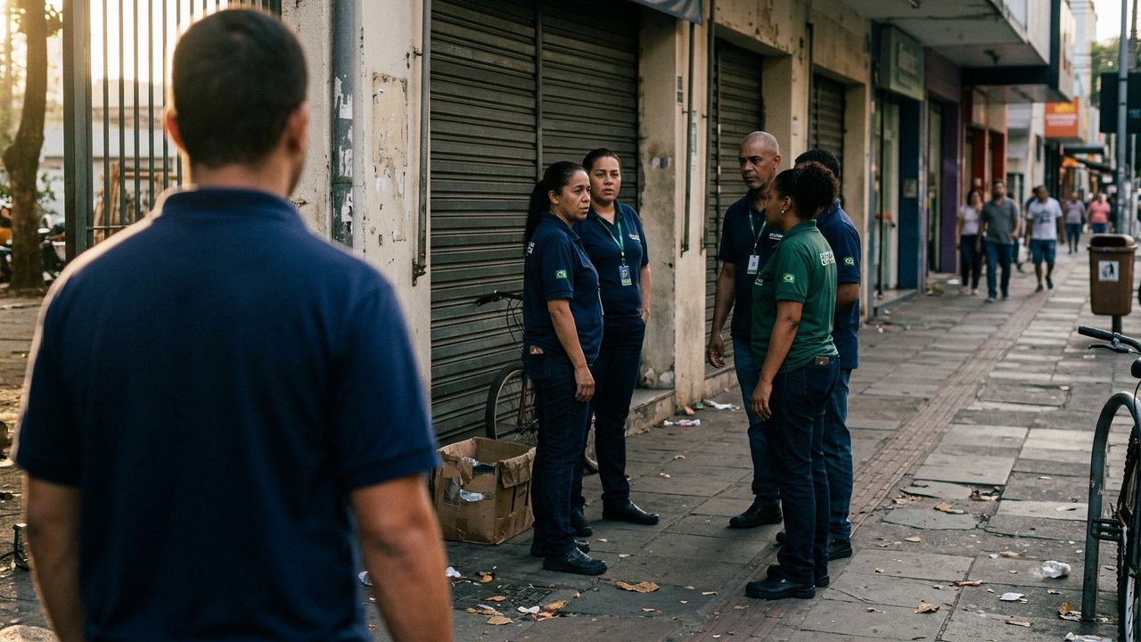 Trabalhadores uniformizados em frente a lojas fechadas, representando o cenário de uma demissão em massa.