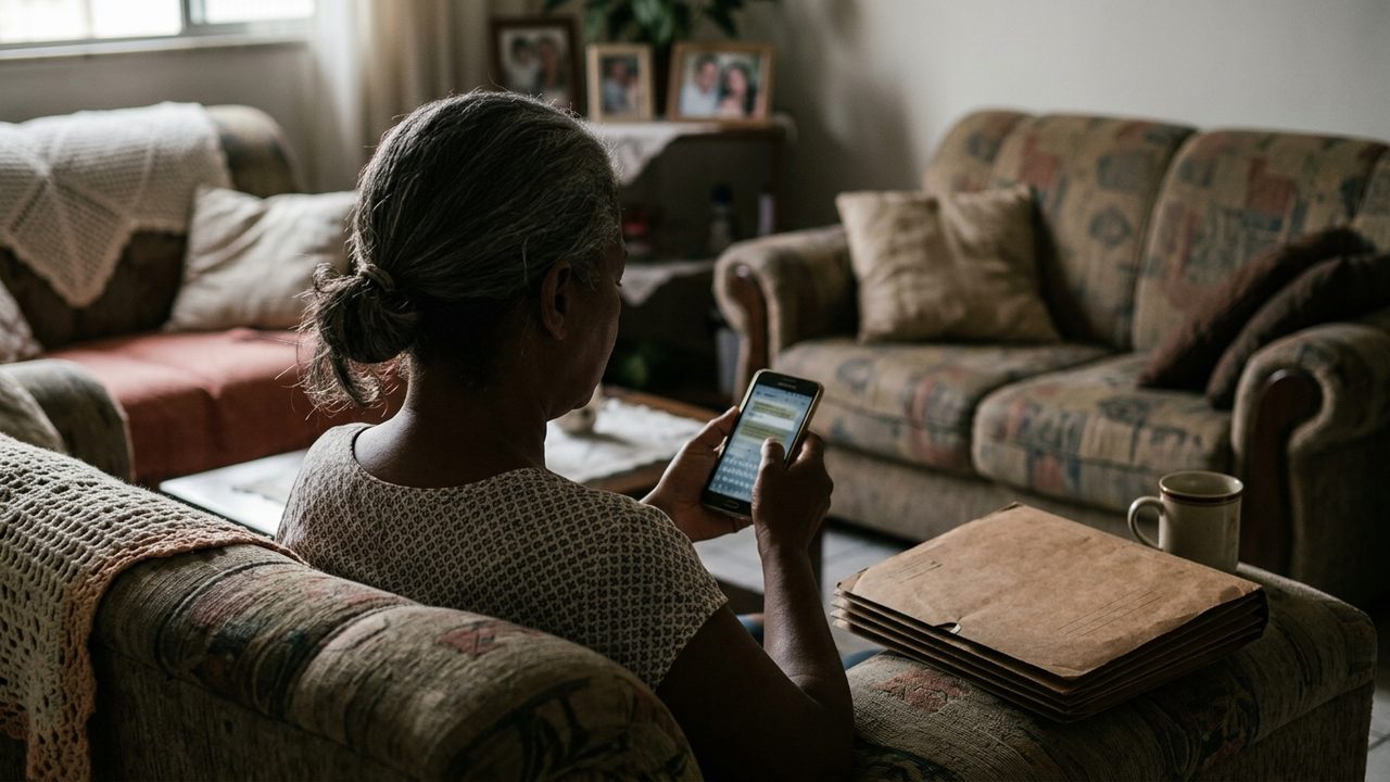 Idosa sentada no sofá com documentos, usa o celular para entender como sacar FGTS de pessoa falecida.