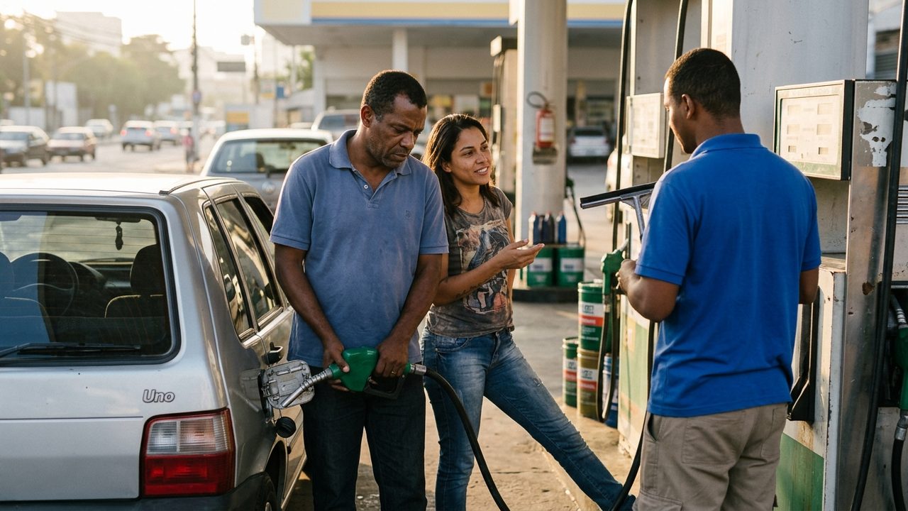 Homem abastece carro em posto com frentista e mulher, ilustrando efeitos de 32% de etanol no bolso e no carro.