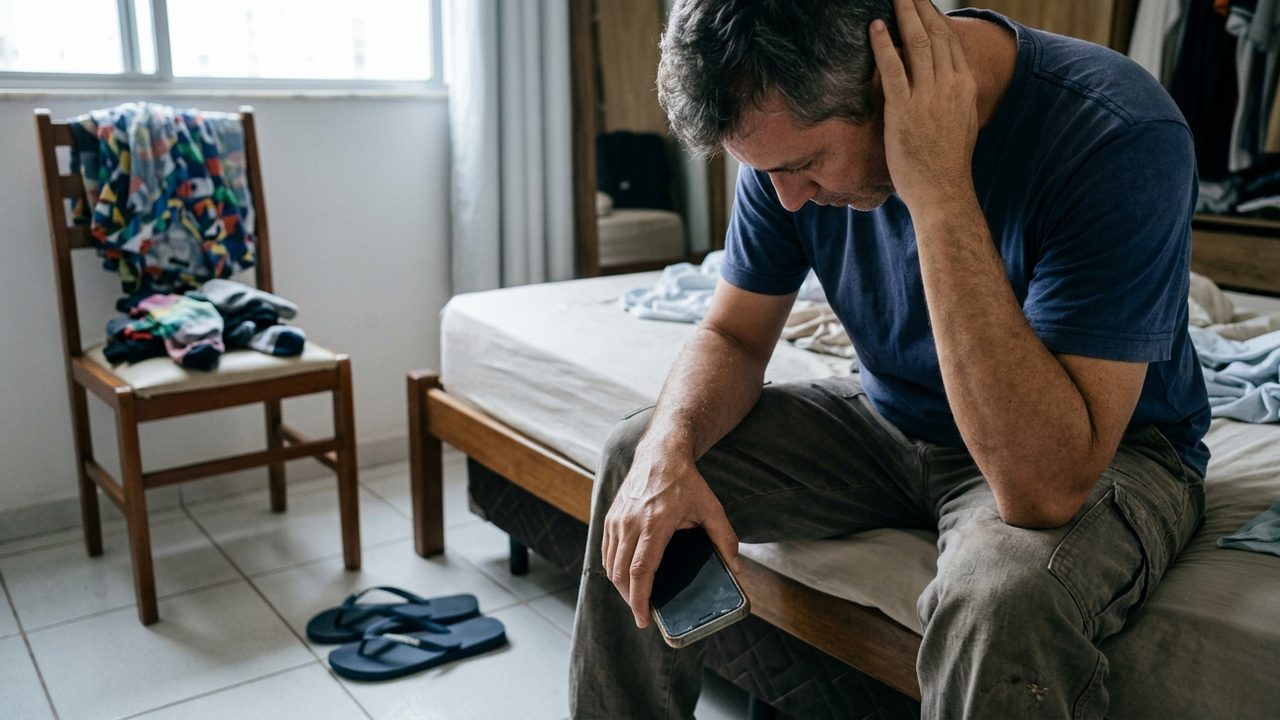 Homem preocupado sentado na cama segura celular, ilustrando vítima de golpe em anúncios no Instagram e Facebook.