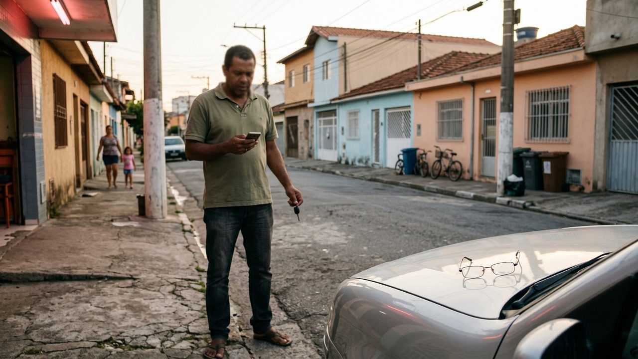 Homem segura chaves e olha celular ao lado de carro, ilustrando a bitributação de IPVA e decisão do STF.