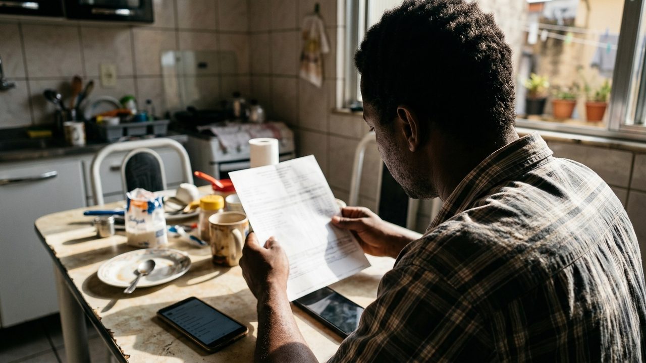 Homem negro na cozinha analisa documento, conferindo a isenção do IR e o desconto em seu salário.