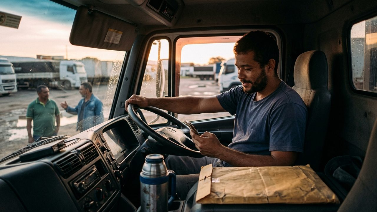 Motorista na cabine do caminhão olha o celular, ilustrando os prazos e a cláusula de dívida do Mais Motoristas.