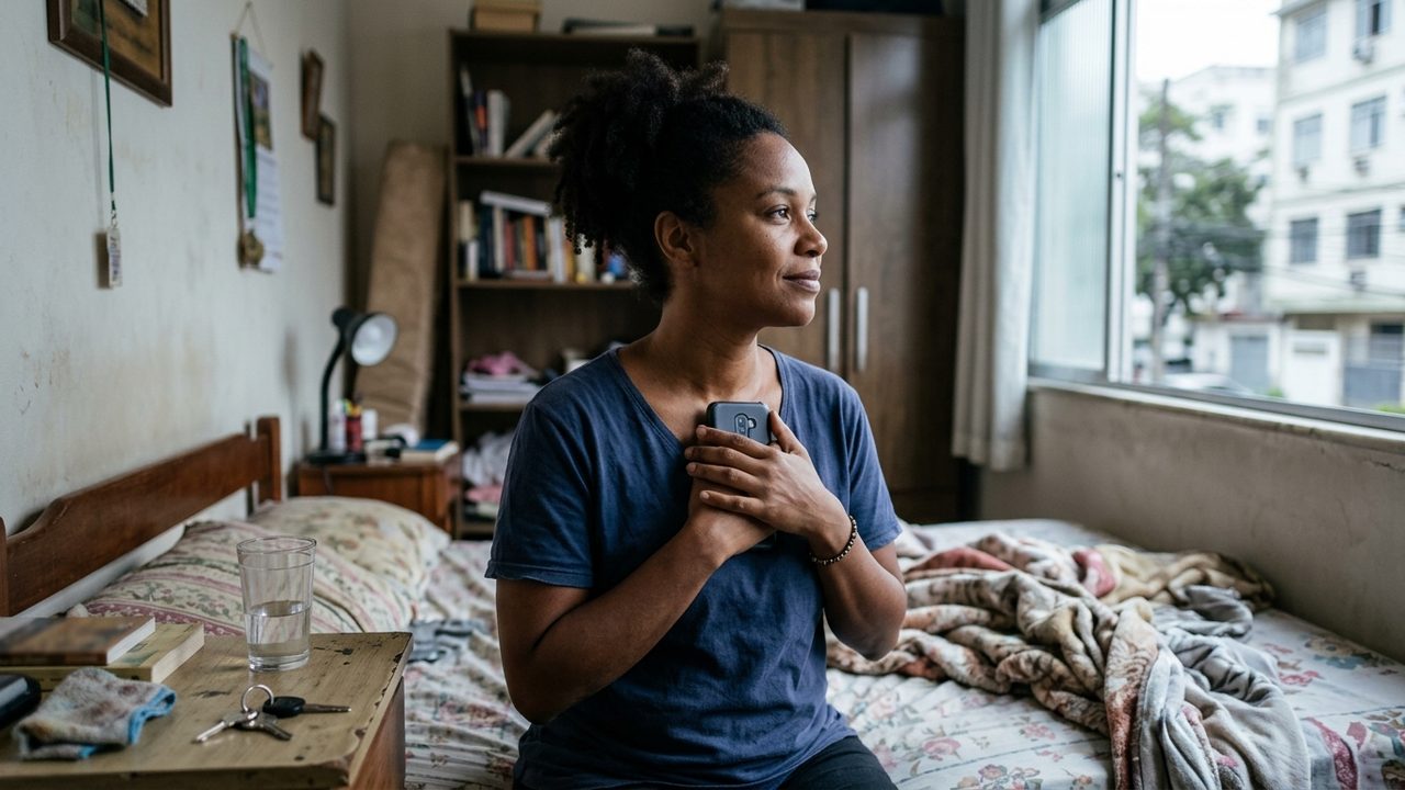 Mulher negra no quarto segura celular no peito e olha pela janela, sentindo-se segura com a medida protetiva.