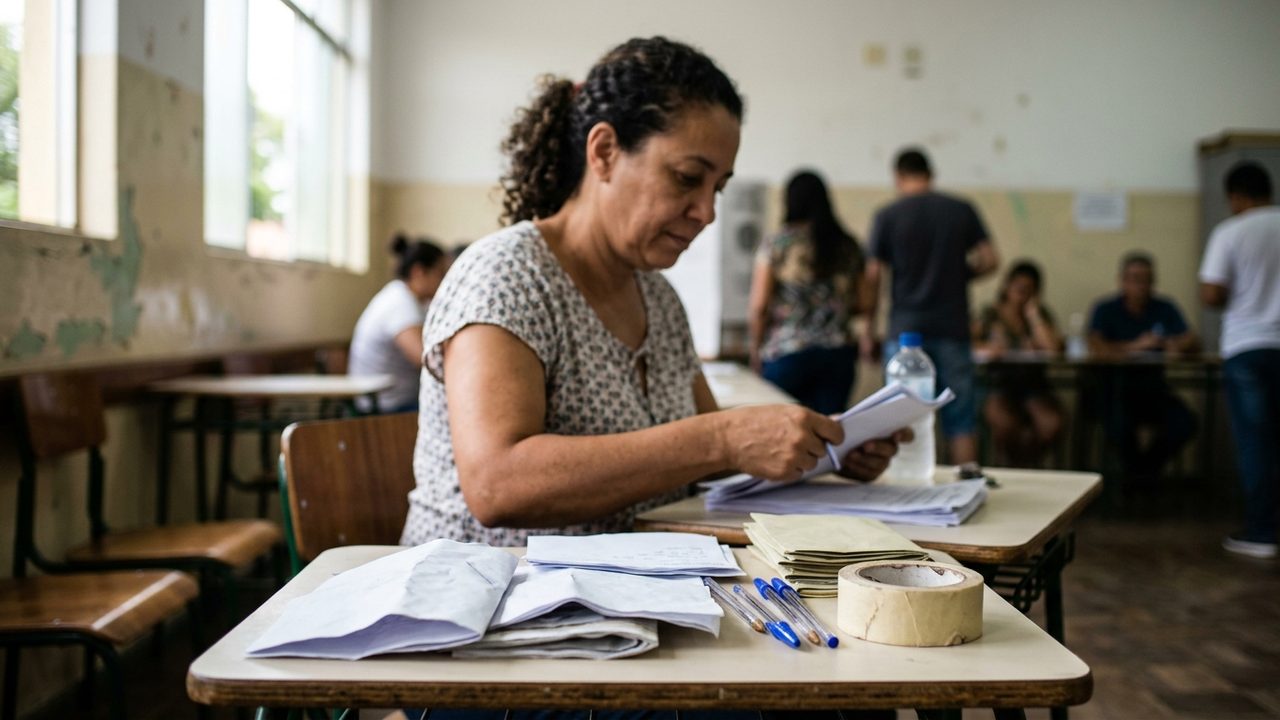 Mesária organiza documentos em seção eleitoral, ilustrando regras e folgas para as Eleições 2026.