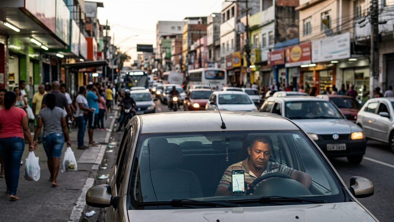 Motorista de app em trânsito urbano com celular no painel, em alusão ao julgamento do STF sobre vínculo trabalhista.
