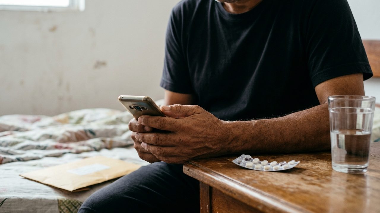 Homem sentado segura celular perto de remédios, ilustrando a perícia documental do INSS em julgamento no STF.