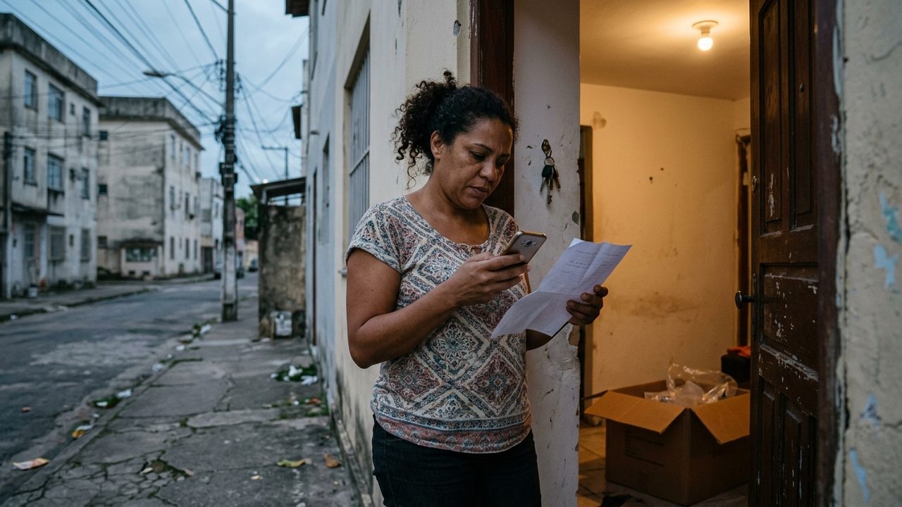 Mulher olha papel preocupada na porta de casa, ilustrando o impacto do reajuste do aluguel em 2026.