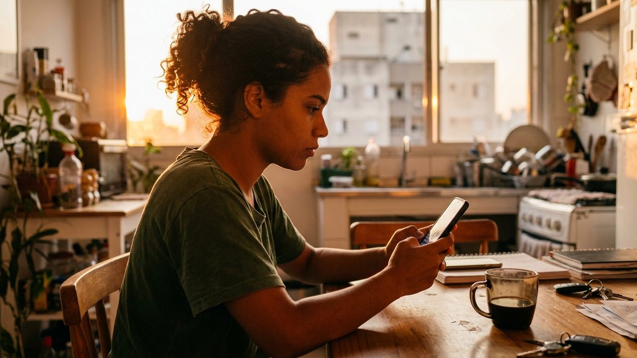 Mulher preocupada ao celular na cozinha, ilustrando a urgência em remover fotos íntimas vazadas da internet.