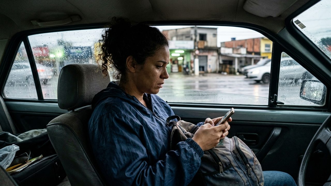 Mulher preocupada no carro sob chuva olha o celular, remetendo a dúvidas sobre indenização em acidentes por app.