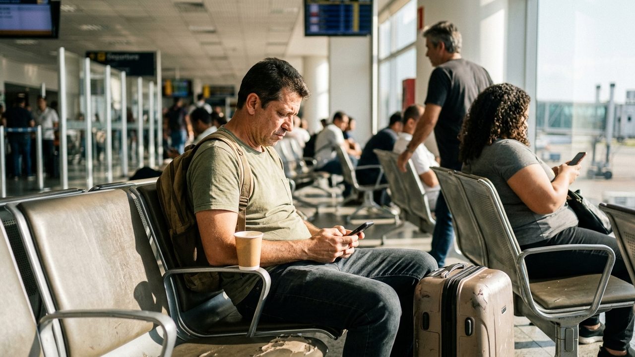 Homem sentado no aeroporto olha o celular, ilustrando as novas regras da Anac para voos atrasados e cancelados.