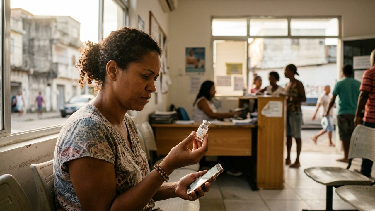 Mulher em clínica analisa frasco de remédio e celular após alerta da Anvisa sobre Dysport e Phesgo falsificados.