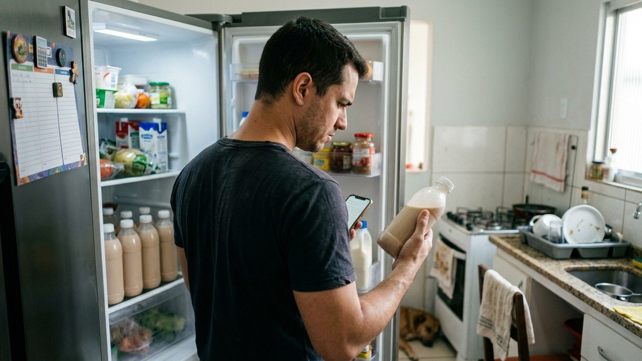 Homem analisa garrafa de shake e celular diante da geladeira, ilustrando o que fazer após o recall da Anvisa.
