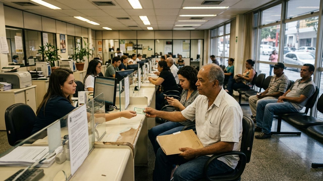 Idoso em guichê de atendimento para consultar e sacar atrasados do INSS liberados pela Justiça via RPV.