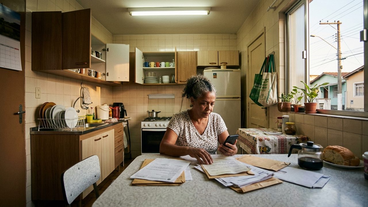 Mulher na cozinha analisa documentos e usa celular, buscando informações sobre biometria para receber benefícios.
