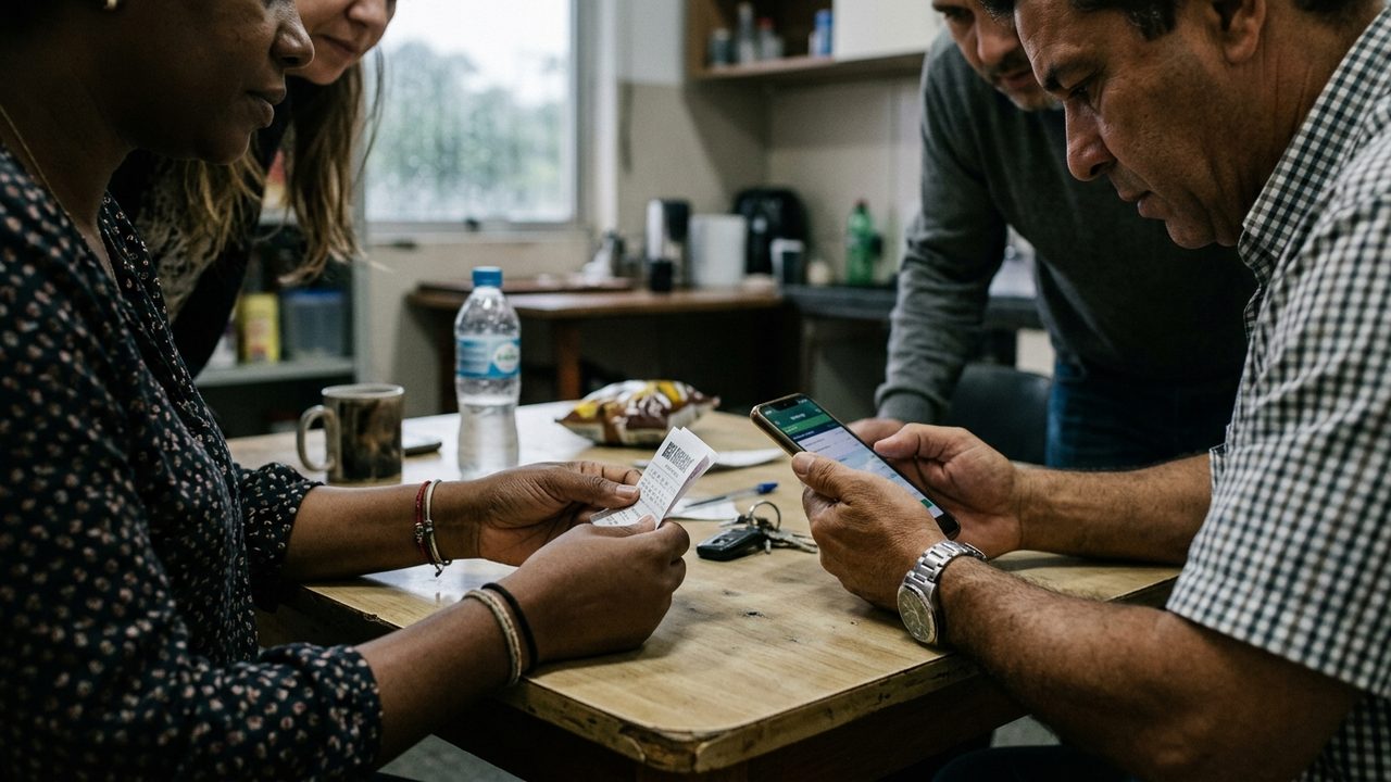 Grupo reunido em mesa conferindo bilhete de loteria e celular, ilustrando o direito ao prêmio e a organização de bolões.