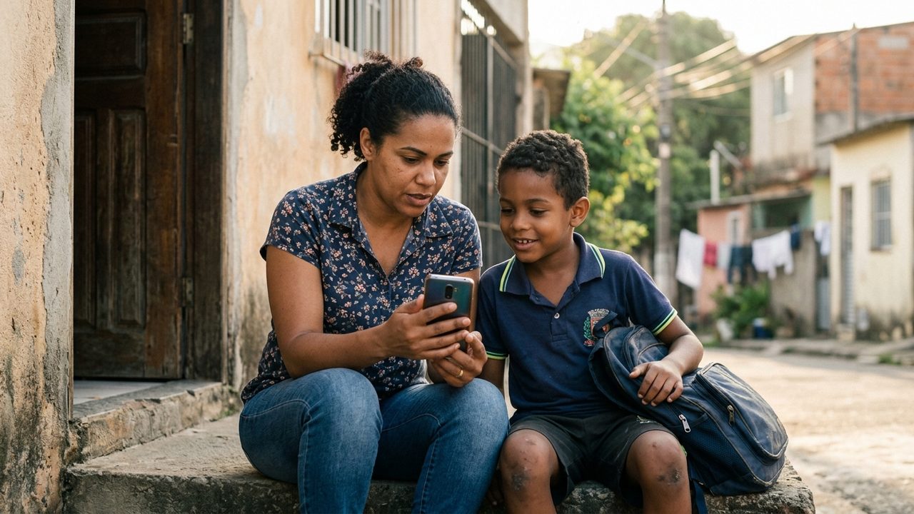 Mulher e menino sentados em degrau olham celular, ilustrando o aumento do Bolsa Família para R$ 691 em outubro.