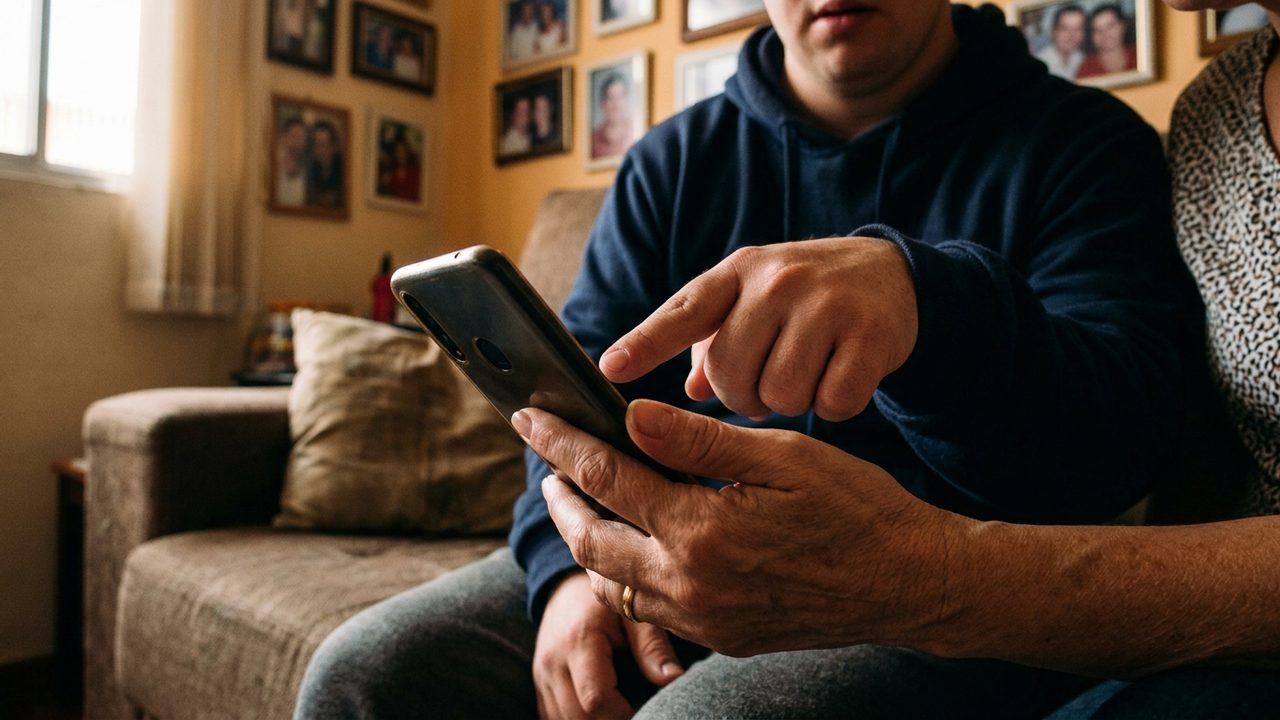 Jovem e idoso consultam celular sobre BPC e Bolsa Família para garantir o recebimento dos benefícios sociais.