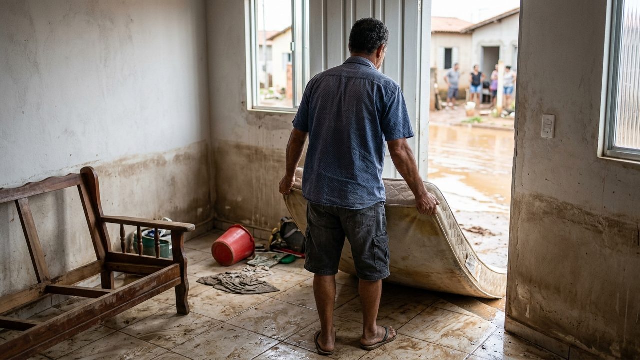 Homem arrasta colchão em casa enlameada após enchente, ilustrando os danos e prejuízos materiais por inundações.