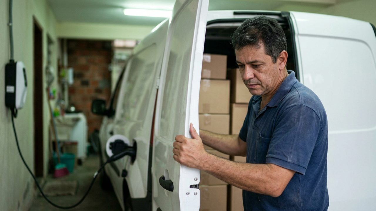 Motorista organiza caixas em furgão elétrico branco, ilustrando a nova regra da CNH B para veículos de até 4.250 kg.