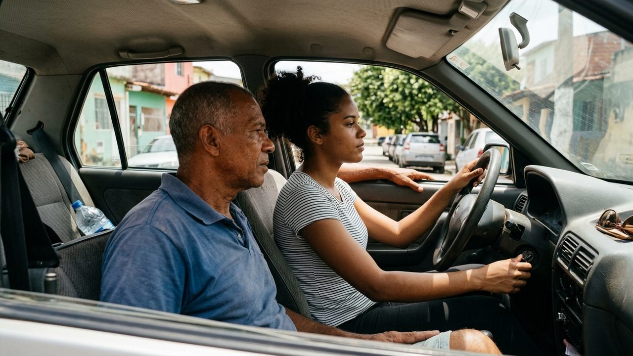 Jovem ao volante liga o carro sob supervisão de um homem, ilustrando o aprendizado para tirar a CNH sem autoescola.