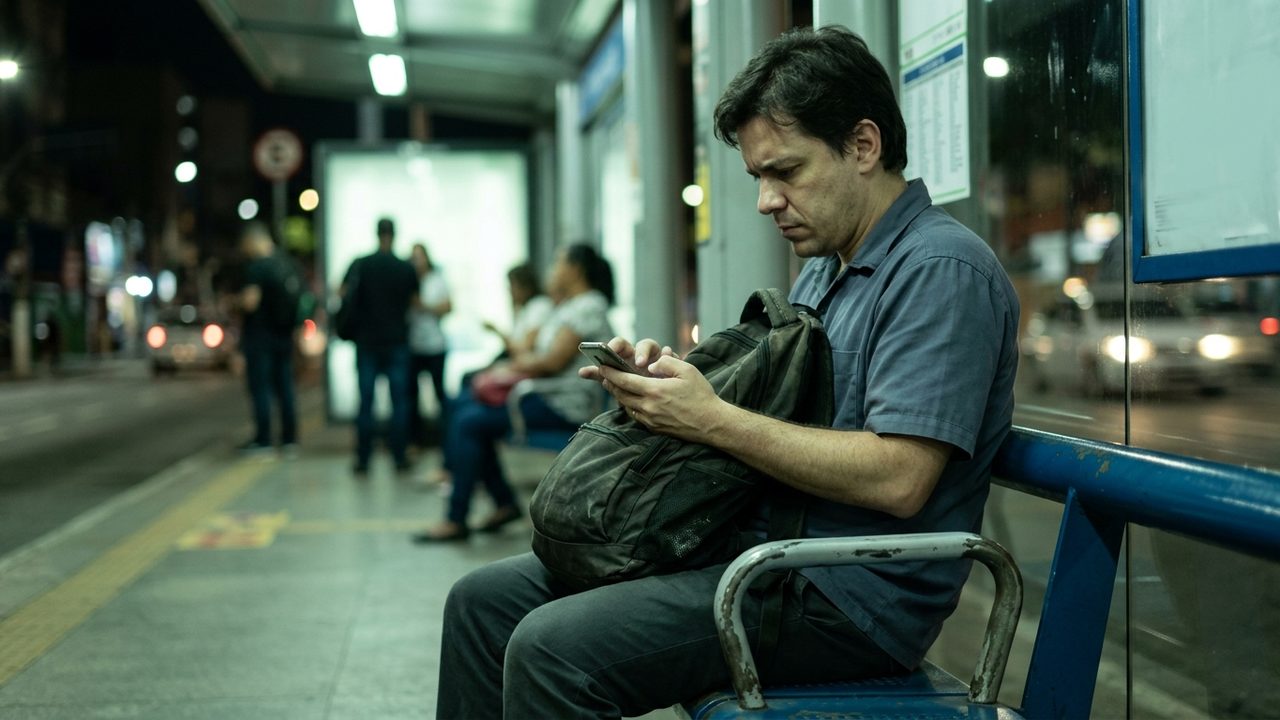 Homem usa celular em ponto de ônibus à noite; postar opiniões em redes sociais pode gerar demissão.