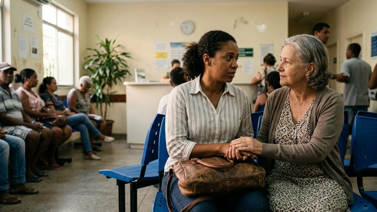 Mulheres de mãos dadas em sala de espera, ilustrando o direito da mulher ao acompanhante em consultas e exames.