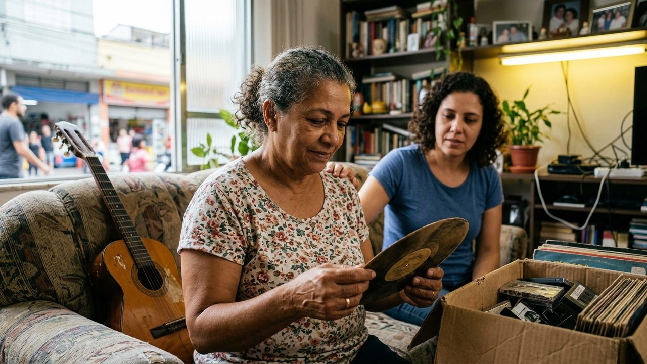 Mulheres olham disco em sala com violão, ilustrando a herança e duração dos direitos autorais musicais pós-morte.
