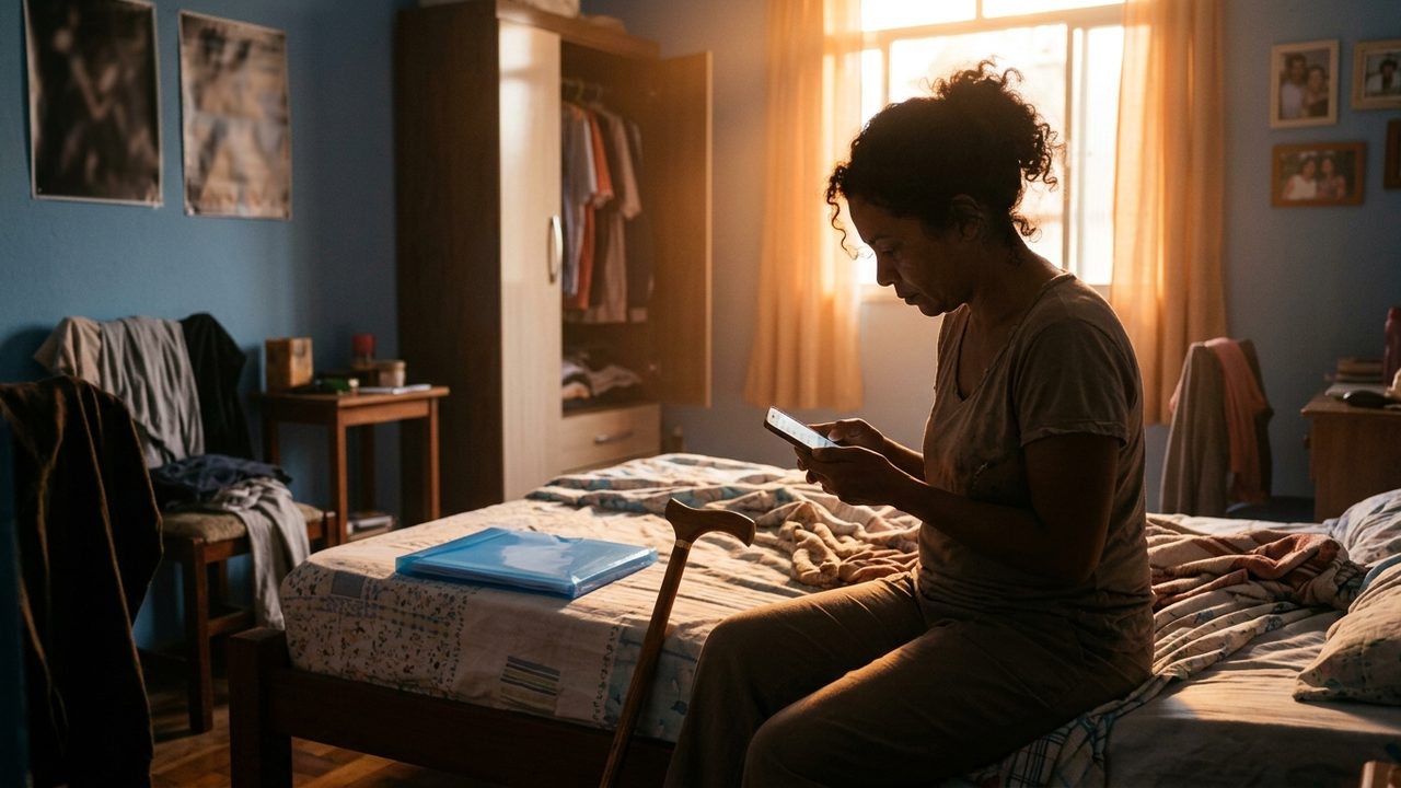 Mulher com bengala olha celular na cama, ilustrando a busca por prazos do seguro DPVAT para vítimas de acidentes.