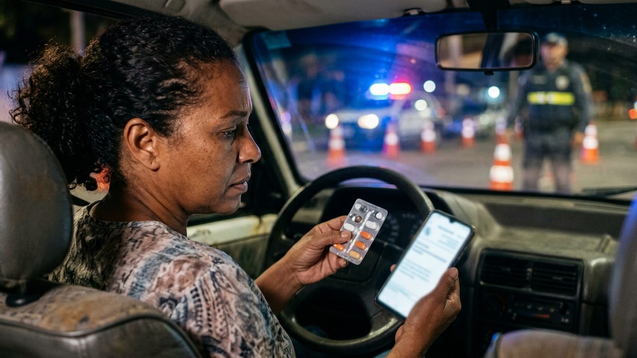 Mulher negra no carro segura remédios e celular diante de blitz, em dúvida sobre medicação na Lei Seca.
