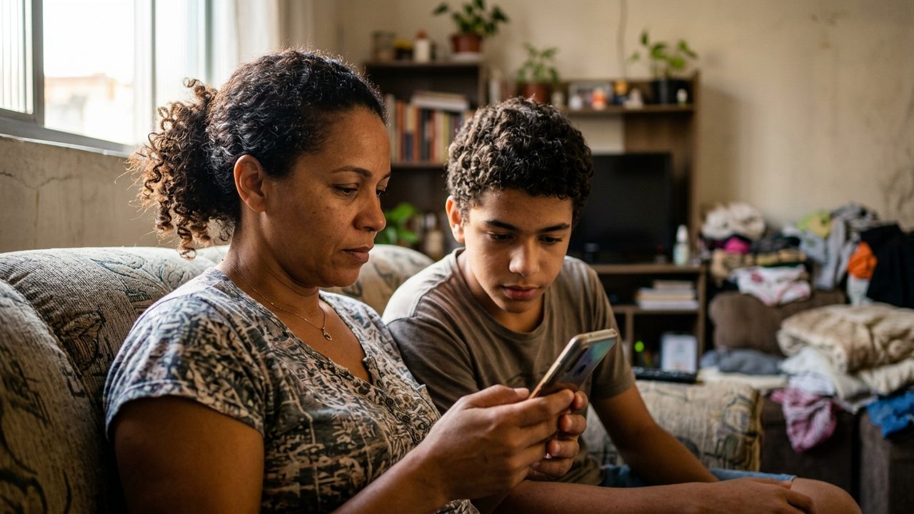 Mulher e adolescente olham celular no sofá, ilustrando a proteção e os direitos de menores previstos no ECA Digital.