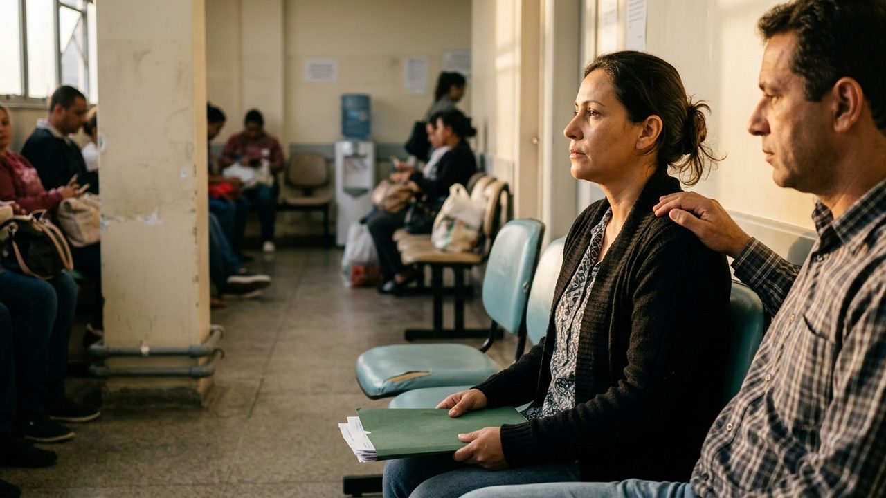 Casal em sala de espera; mulher segura pasta de documentos com expressão séria, buscando provas de erro médico.