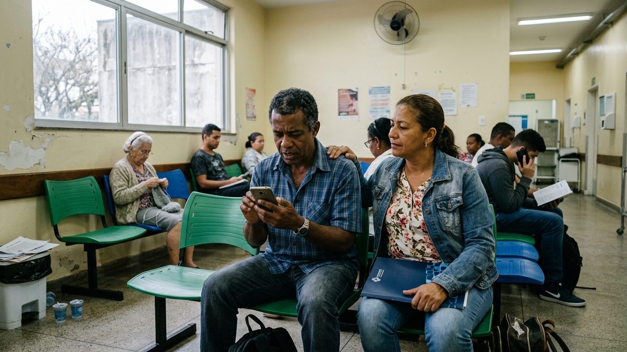 Pessoas em hospital; homem olha celular preocupado. Ilustra a espera e os direitos na fila de transplante.