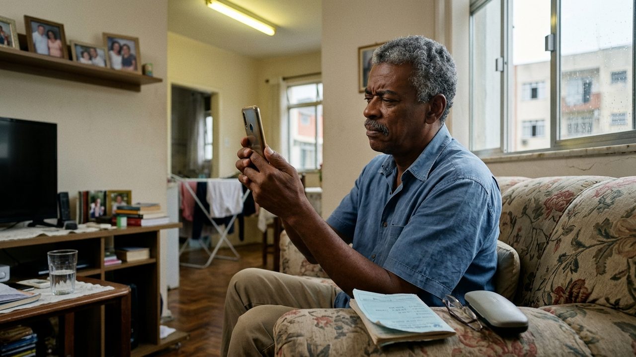 Idoso negro atento ao celular no sofá, ilustrando riscos de golpes com biometria no crédito consignado.