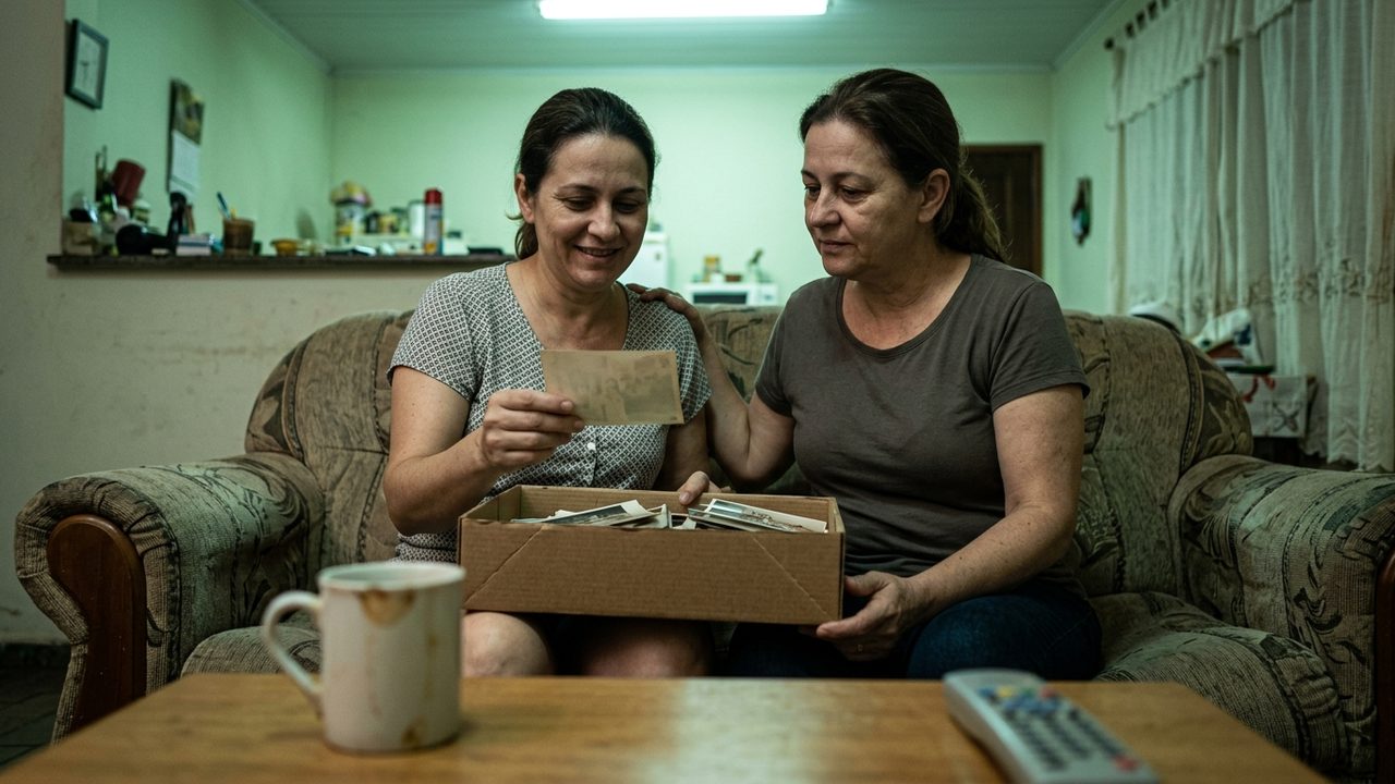 Duas mulheres olham fotos antigas no sofá, representando a partilha de herança entre parentes sem testamento.