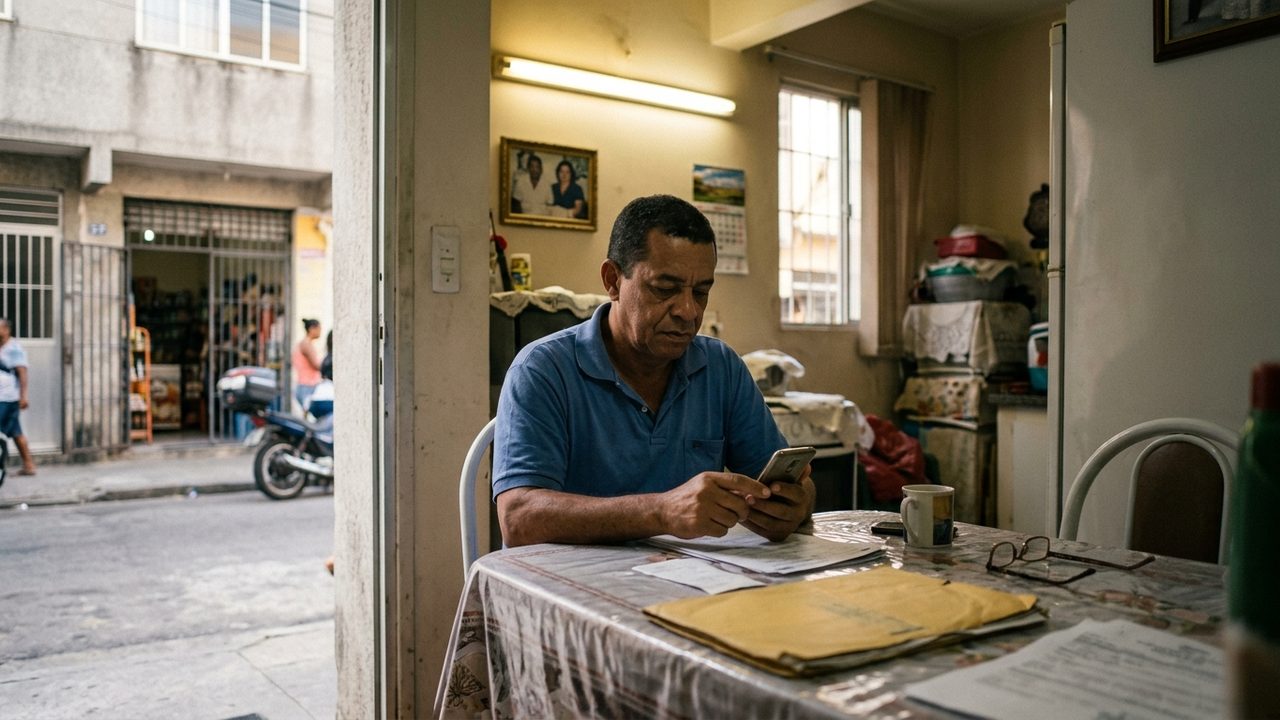 Homem analisa documentos e celular à mesa, ilustrando a espera por pedidos do INSS parados há mais de 30 dias.
