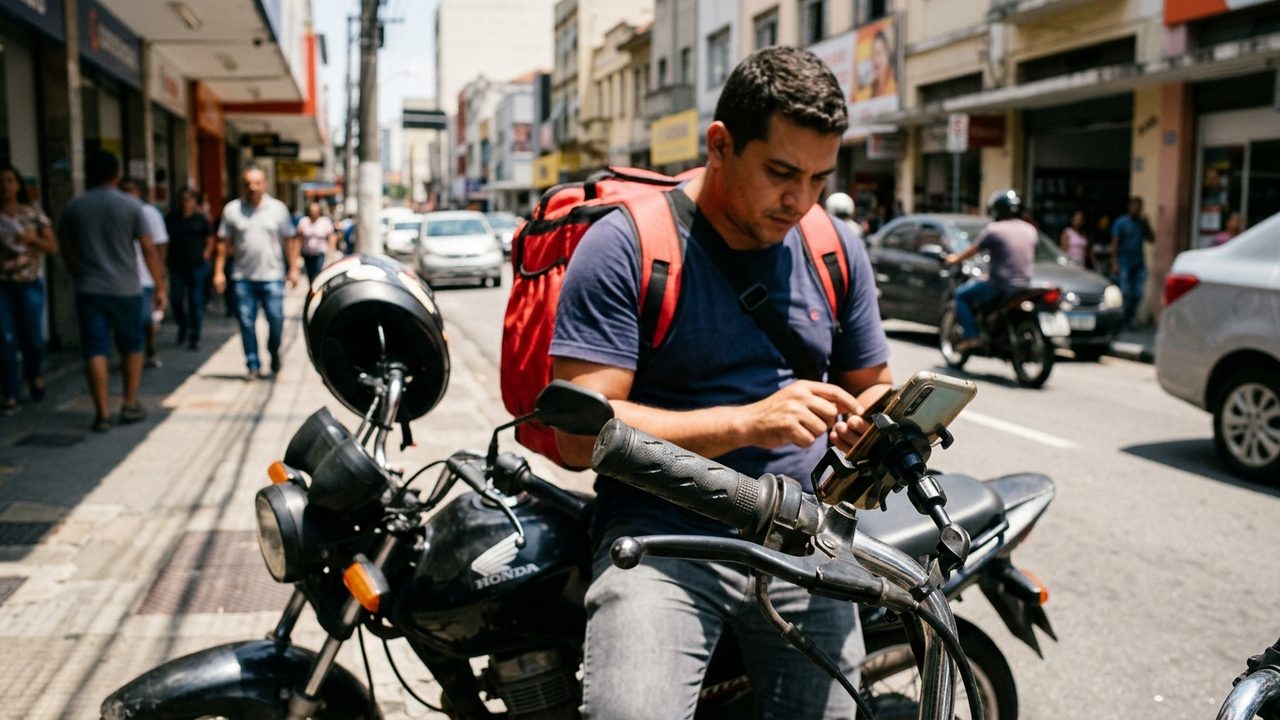 Entregador de aplicativo olha o celular sobre a moto, ilustrando a rotina de quem precisa contribuir para o INSS.