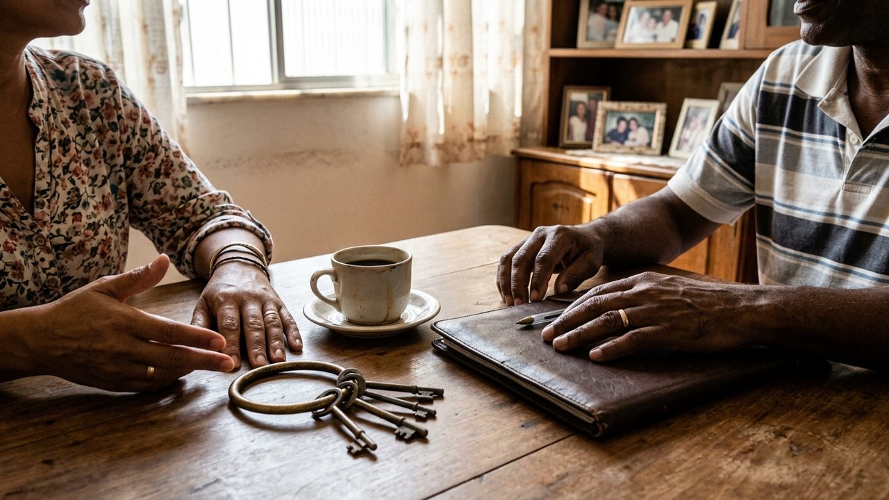 Mãos de duas pessoas sobre a mesa de madeira de uma sala, com um molho de chaves antigas, uma xícara de café e uma pasta de couro fechada, e porta-retratos de família ao fundo.
