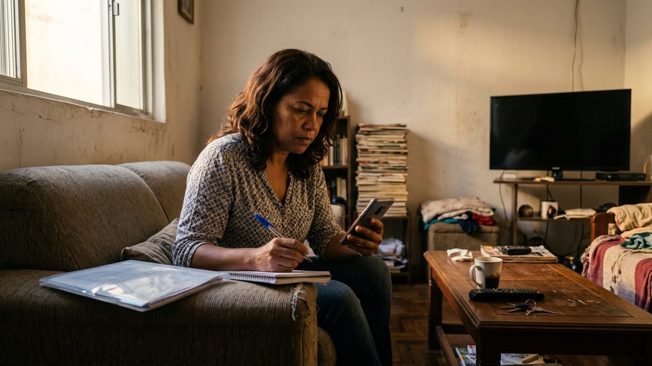 Mulher em casa olha celular e faz anotações, ilustrando os gastos e a gratuidade da Justiça Federal.